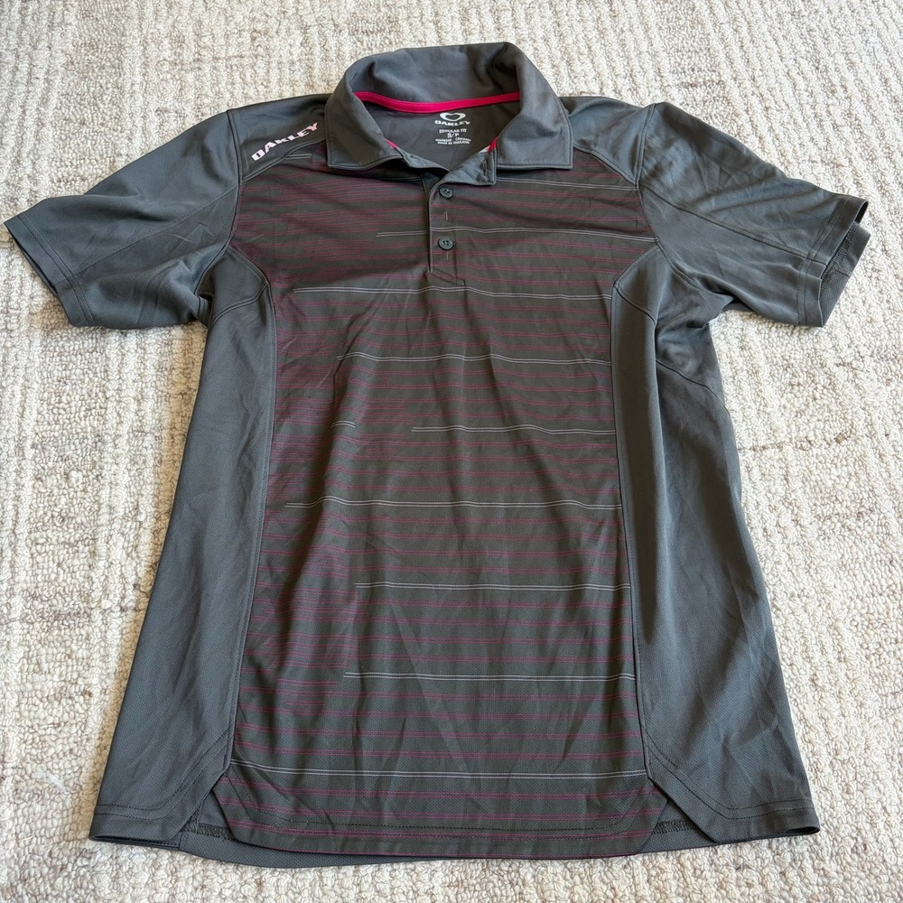Oakley Mens Hydrolix Golf Polo Shirt Gray Pink Striped Regular Fit Small